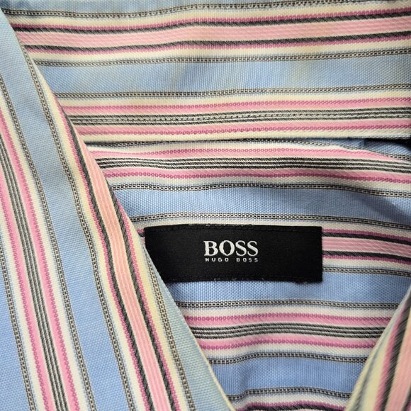 Hugo Boss Shirt Mens 16.5 32-33 Blue Striped Button Up Preppy Casual - Picture 8 of 11